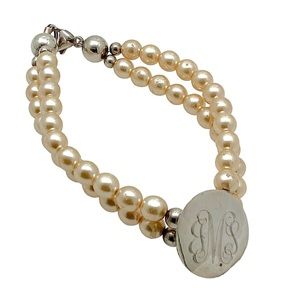 1990s 925 Sterling Silver Monogram Bracelet, S/M, Initials MJS, Glass Pearls